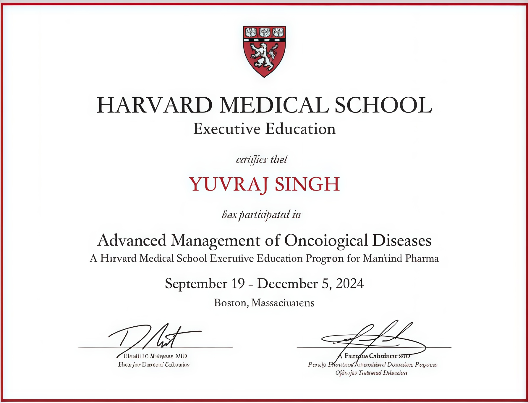 Harvard Medical School Certificate – Advanced Management of Oncological Diseases