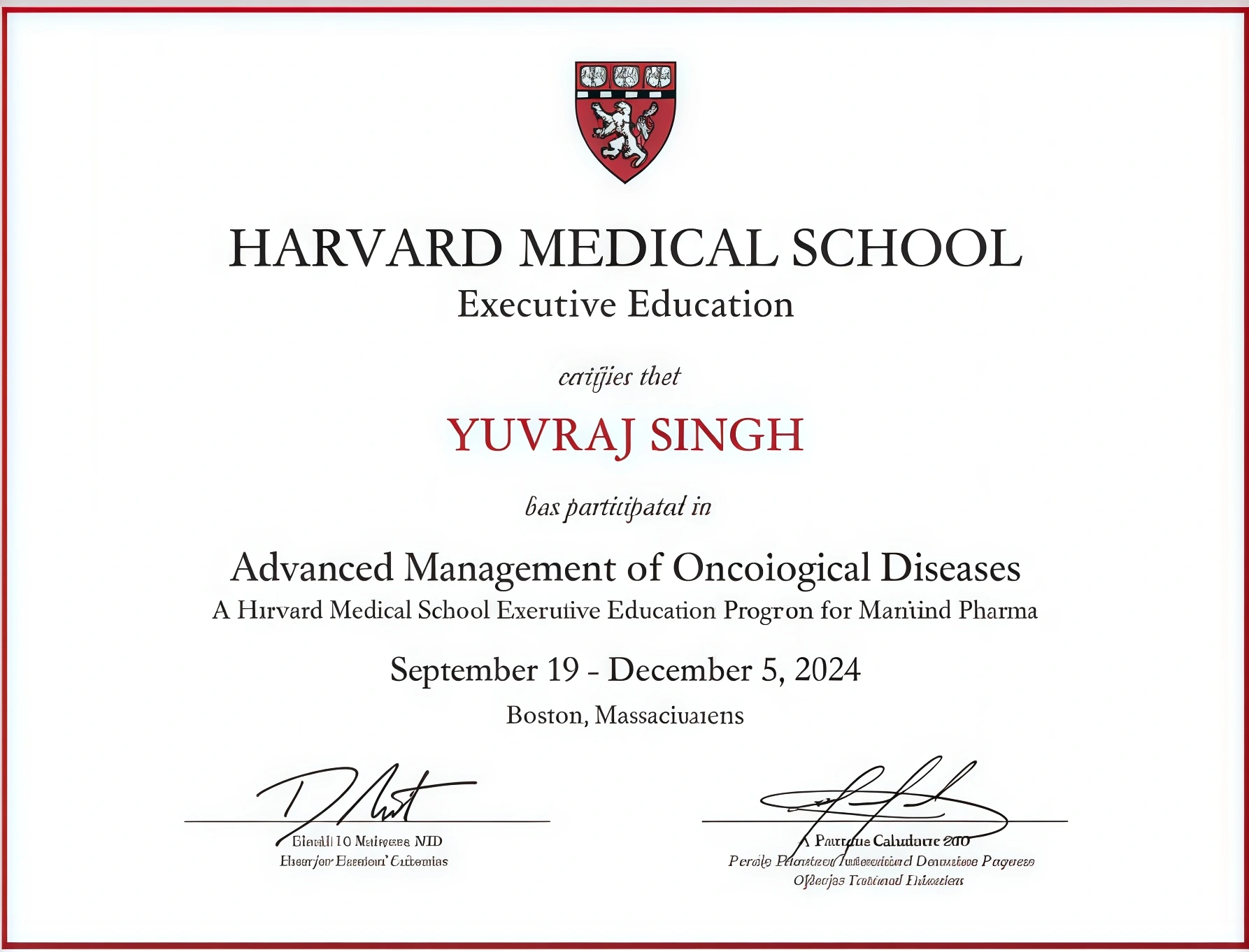 Harvard Medical School Certificate – Advanced Management of Oncological Diseases